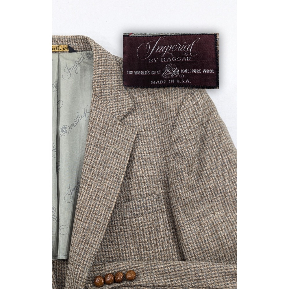 Haggar Tweed Wool Blazer Suit Jacket Brown Nailhead Burlap Wool 42R 44" Chest